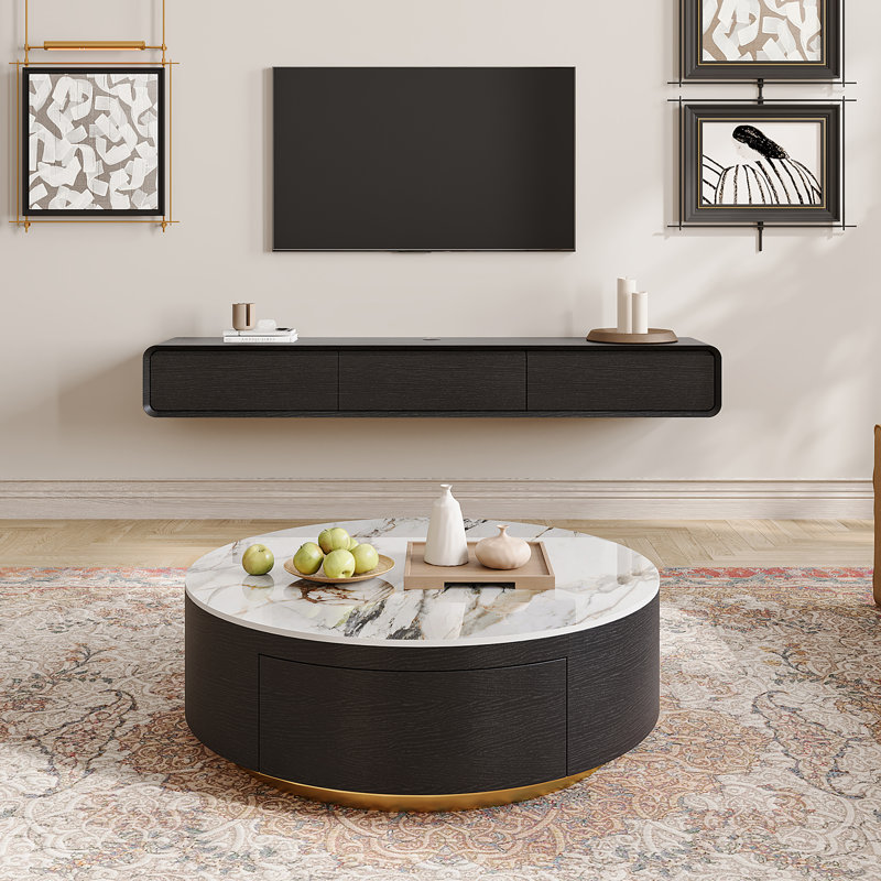 Daniel-Jack Drum Coffee Table, Sintered Stone Top, 2 Solid Wood Drawers,  Fully-Assembled 14.17